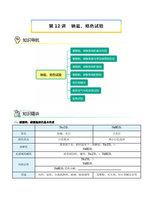 2024级新版高中化学必修一学案第12讲钠盐焰色试验