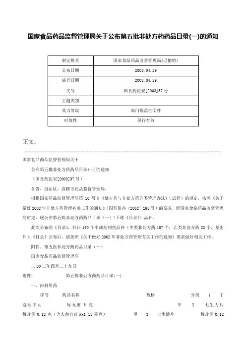 国家食品药品监督管理局关于公布第五批非处方药药品目录(一)的通知-国食药监安[2003]37号