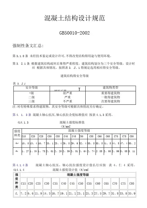 混凝土结构设计规范强制性条文汇总