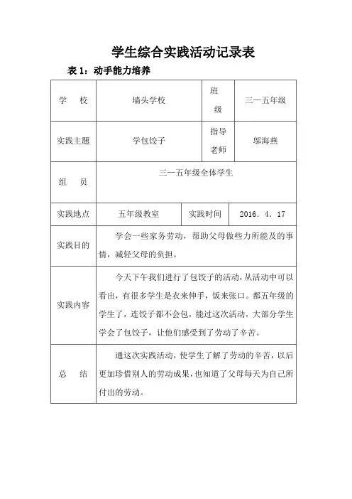 学生综合实践活动记录表