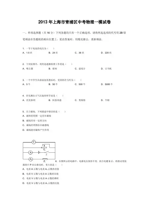 2013年上海市青浦区中考物理一模试卷
