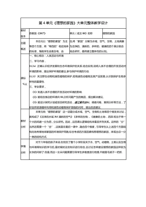 苏教版六年级下册第四单元《理想的家园》单元教学规划 苏教版六年级科学下册