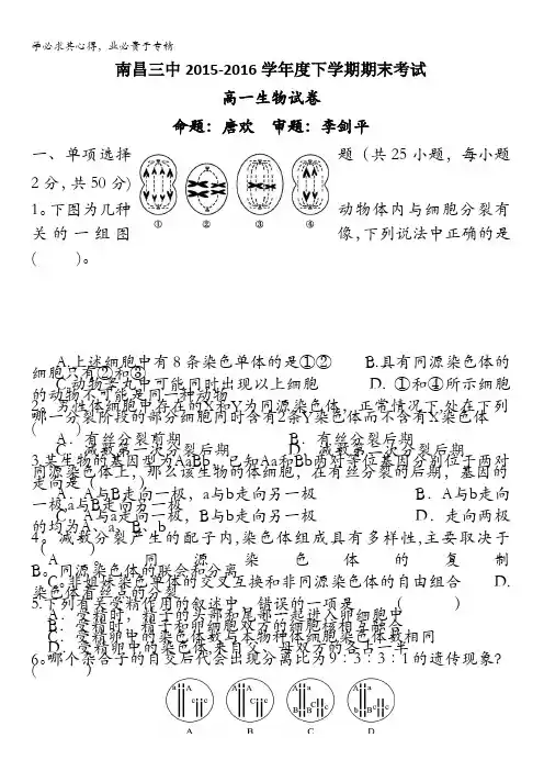 江西省南昌三中2015-2016学年高一下学期期末考试生物试题 含答案