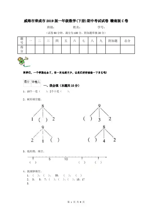 威海市荣成市2019版一年级数学(下册)期中考试试卷 赣南版C卷