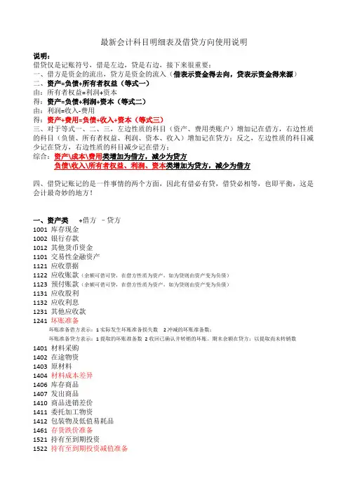 (完整版)会计科目明细表及借贷方向使用说明