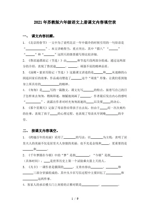 2021年苏教版六年级语文上册课文内容填空表