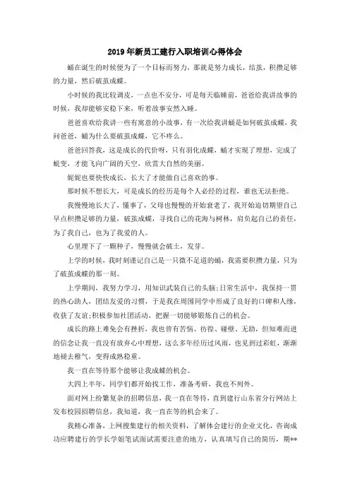 最新-2019年新员工建行入职培训心得体会 精品