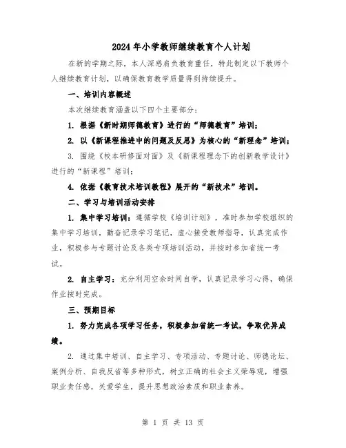 2024年小学教师继续教育个人计划（6篇）