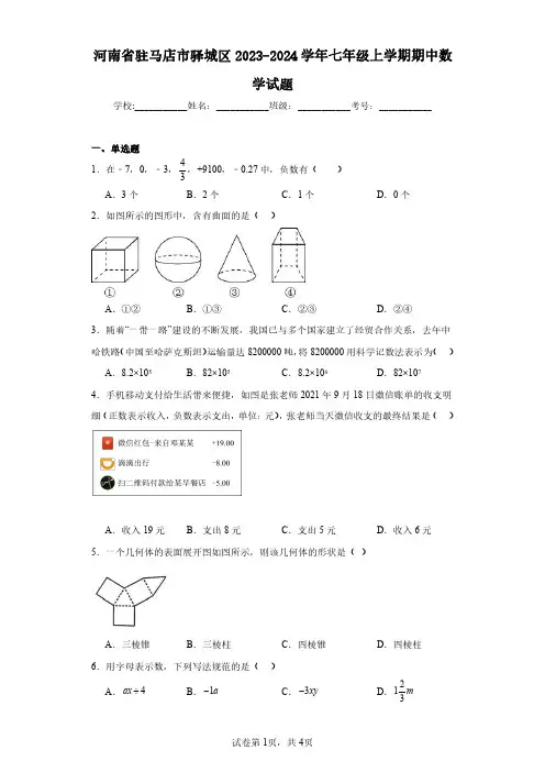 河南省驻马店市驿城区2023-2024学年七年级上学期期中数学试题(含答案解析)