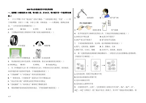 2020年山东省泰安市中考化学试卷【含答案;word版本;可再编辑】