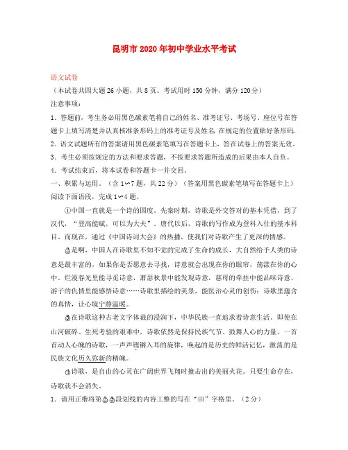 云南省昆明市2020年中考语文真题试题(含答案)