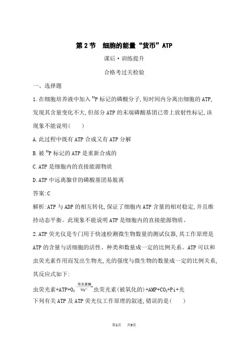 人教版高中生物必修第1册课后习题 第5章 第2节 细胞的能量“货币”ATP