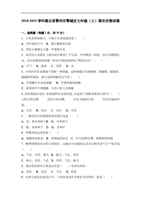 2018-2019学年七年级(上)期末生物试卷(解析版)人教版