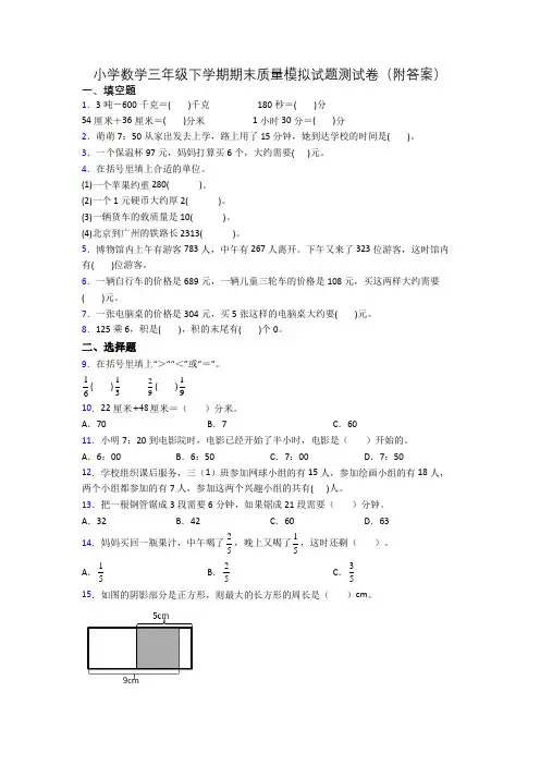 小学数学三年级下学期期末质量模拟试题测试卷(附答案)