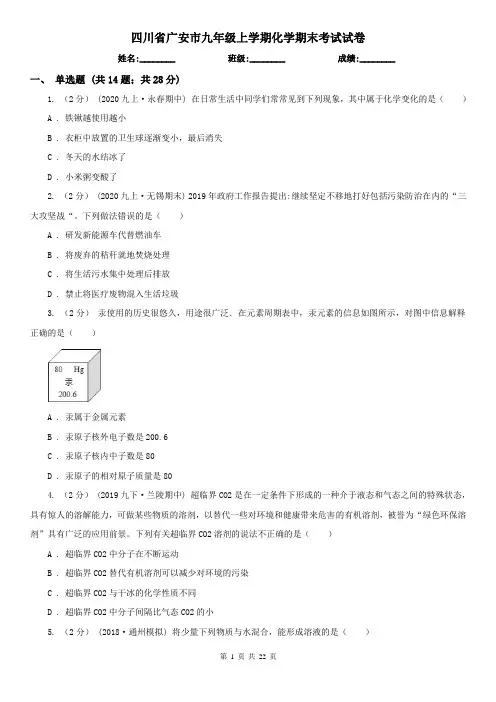 四川省广安市九年级上学期化学期末考试试卷