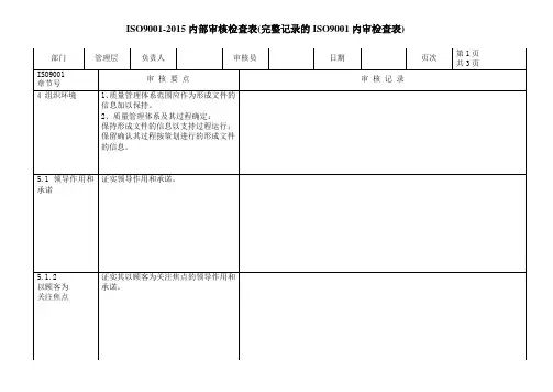 ISO9001-2015内部审核检查表(完整记录的ISO9001内审检查表)
