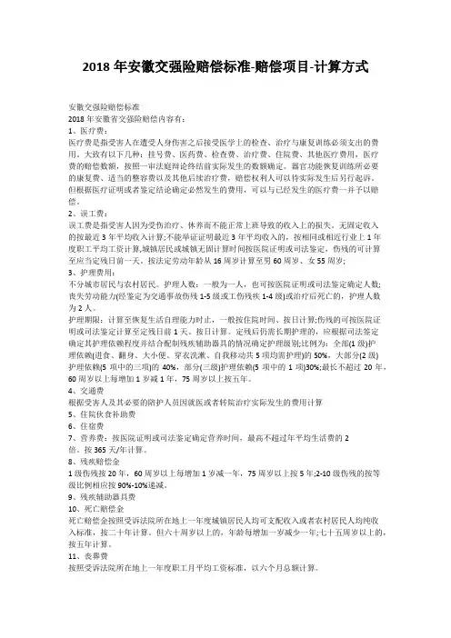 2018年安徽交强险赔偿标准-赔偿项目-计算方式