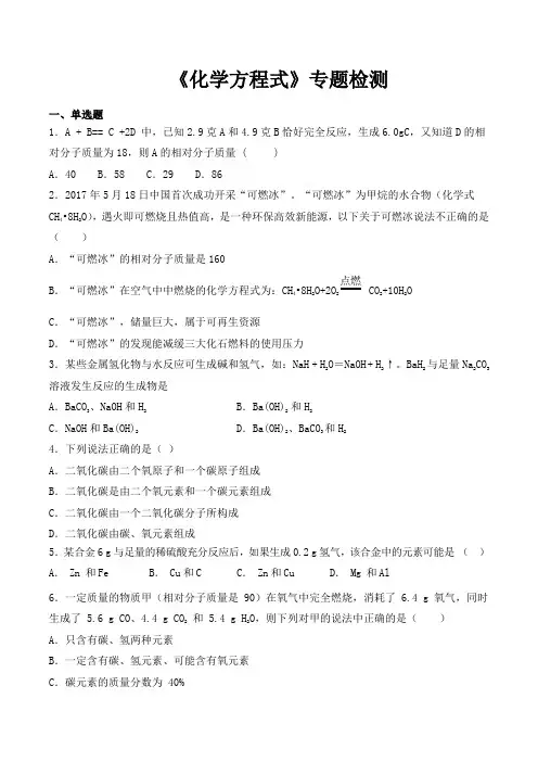 人教版初中化学2020中考复习专题《化学方程式》专题检测(含答案)