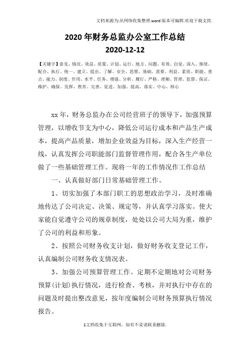 2020年财务总监办公室工作总结