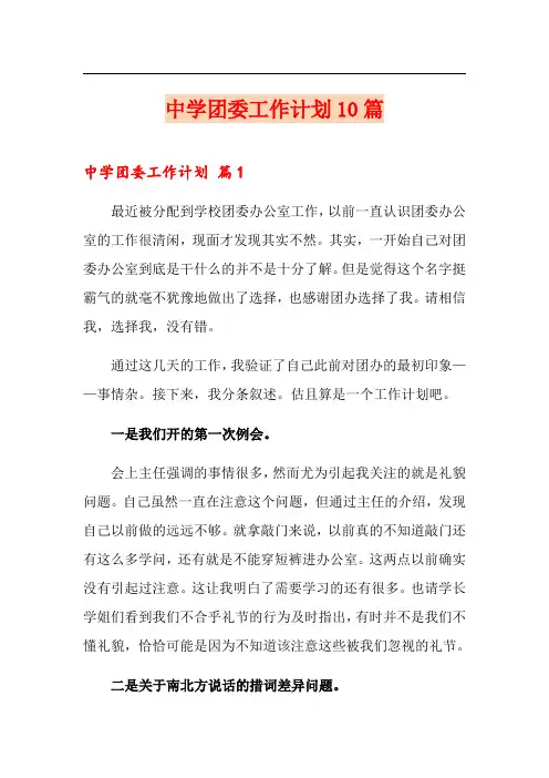 中学团委工作计划10篇