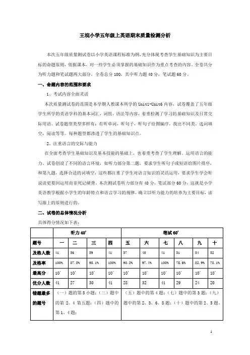 王垸小学五年级上英语期末质量检测分析