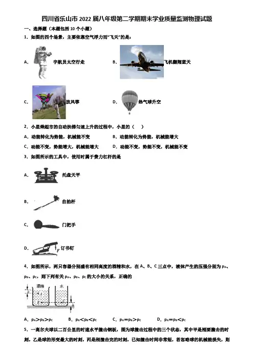 四川省乐山市2022届八年级第二学期期末学业质量监测物理试题含解析
