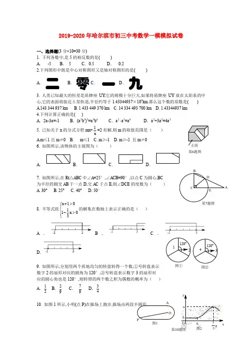 2019-2020年哈尔滨市初三中考数学一模模拟试卷