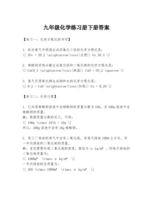 九年级化学练习册下册答案