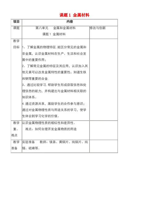 九年级化学下册第八单元金属和金属材料课题1金属材料教案新人教版(new)