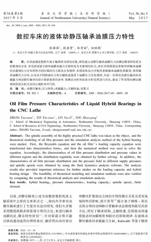 数控车床的液体动静压轴承油膜压力特性