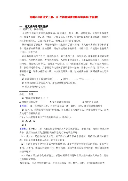 部编六年级语文上册：14 在柏林阅读理解专项训练(含答案)