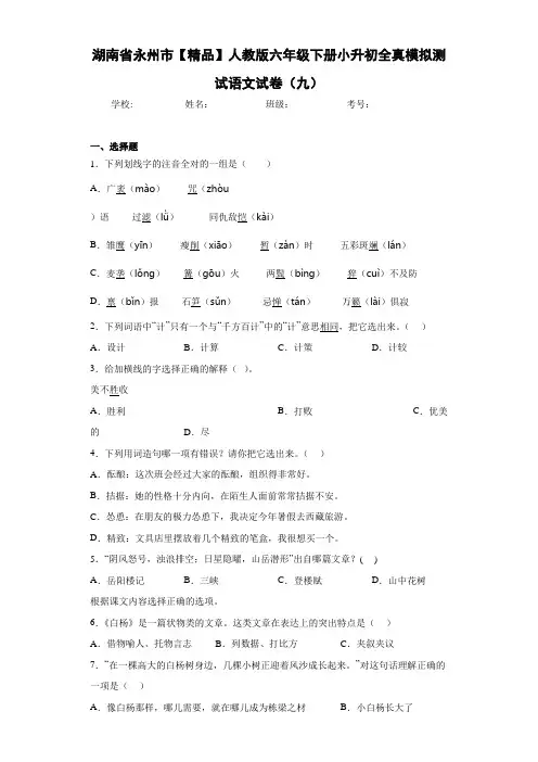 小学湖南省永州市人教版六年级下册小升初全真模拟测试语文试卷(九)(含答案解析)