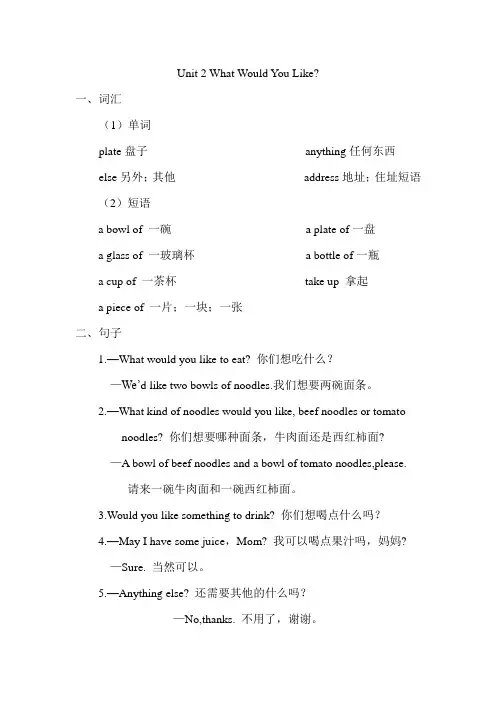 陕旅版六年级英语下册Unit 2考点汇总