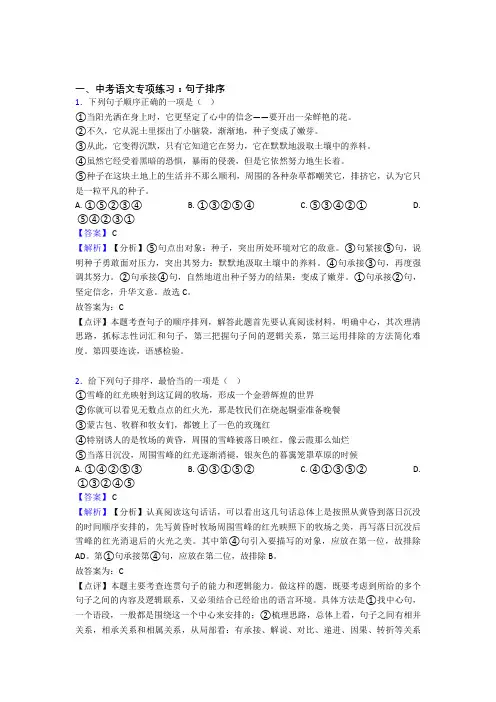 【精品】初中中考 语文句子排序训练试题及答案