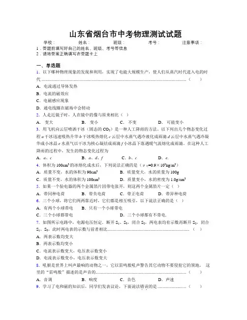 最新山东省烟台市中考物理测试试题及解析