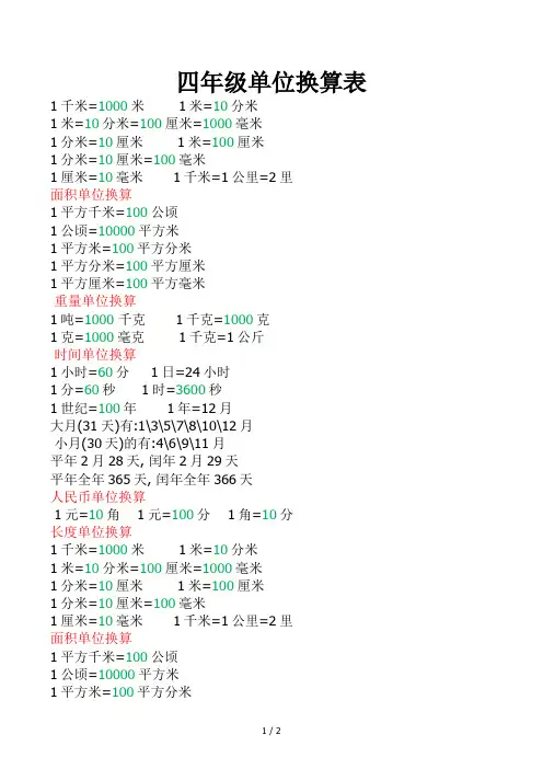 四年级单位换算表