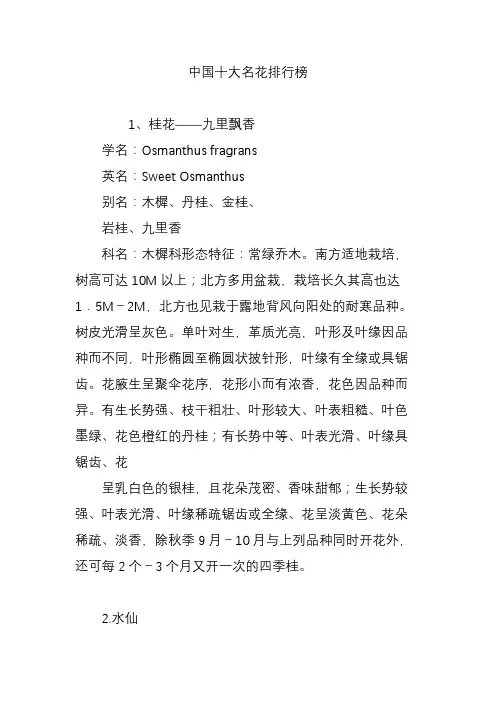 中国十大名花排行榜