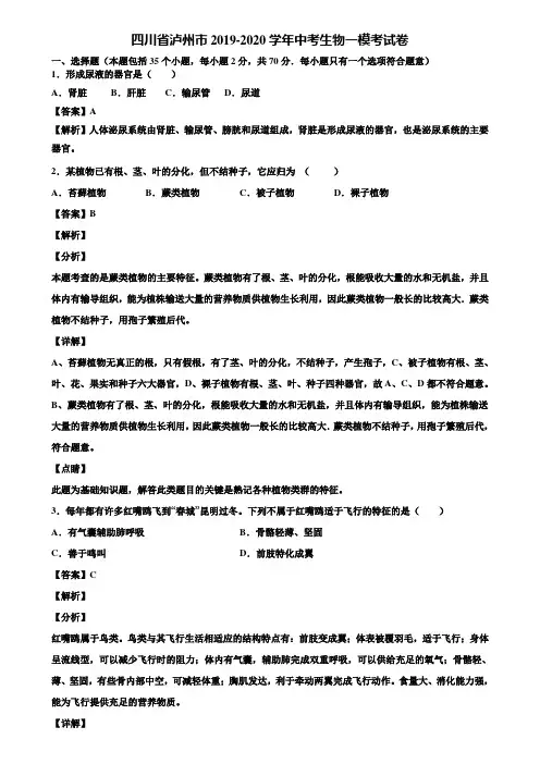 四川省泸州市2019-2020学年中考生物一模考试卷含解析