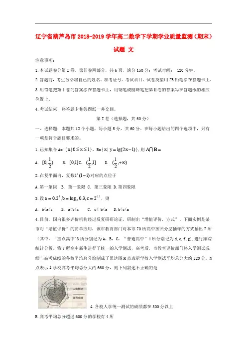 辽宁省葫芦岛市高二数学下学期学业质量监测期末试题文