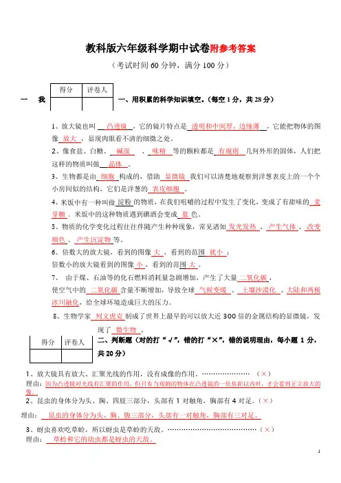 教科版六年级下册科学-期中测试题(含答案)