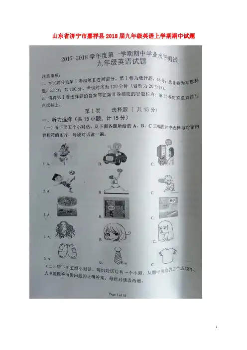 山东省济宁市嘉祥县九年级英语上学期期中试题(扫描版) 人教新目标