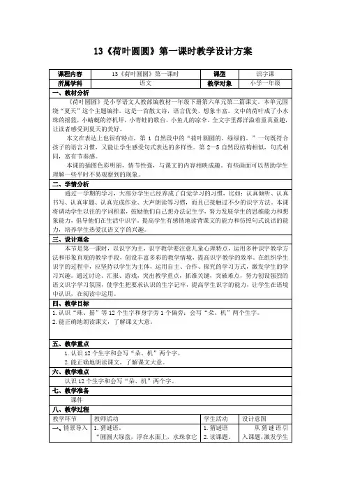 人教部编教材一年级下册13、荷叶圆圆  优质公开课 教案