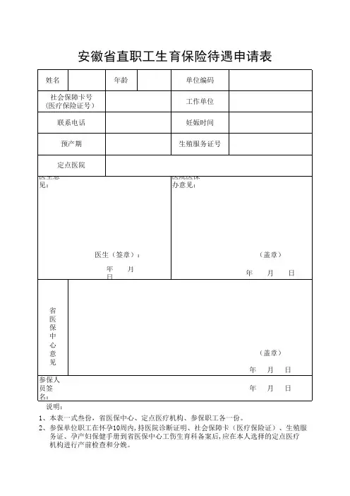 安徽省直职工生育保险待遇申请表