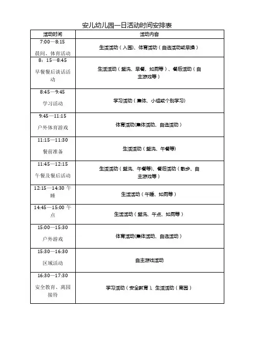 幼儿园一日活动时间安排表