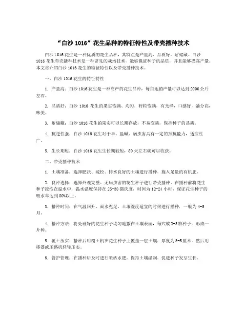 “白沙1016”花生品种的特征特性及带壳播种技术