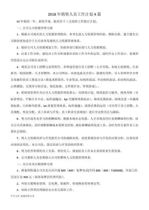 2018年销售人员工作计划4篇