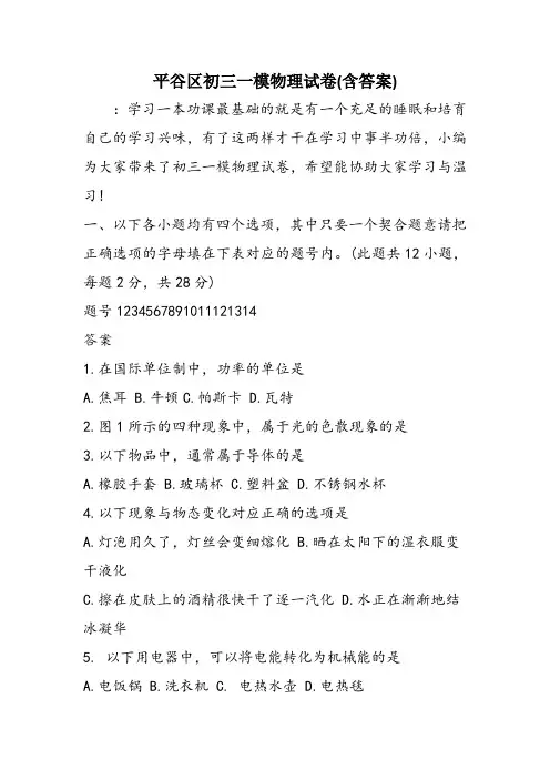 平谷区初三一模物理试卷(含答案)