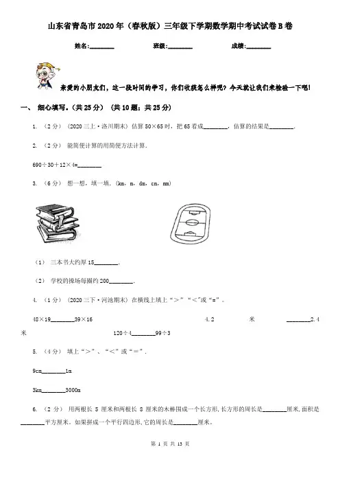 山东省青岛市2020年(春秋版)三年级下学期数学期中考试试卷B卷