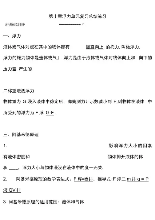 八年级下册物理第十章 浮力 单元复习总结练习.docx