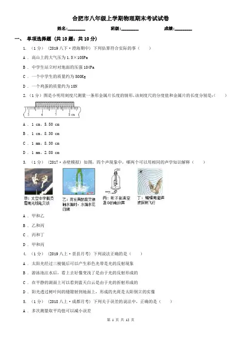 合肥市八年级上学期物理期末考试试卷